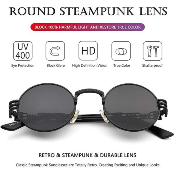 Round Steampunk Sunglasses Circle Lennon Hippie Glasses Metal Frame UV Blocking - Picture 4 of 7